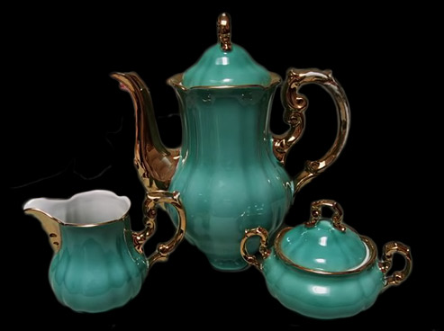 German-coffee-service Bavarian jade green glazed Coffee-Pot, creamer and sugar bowl