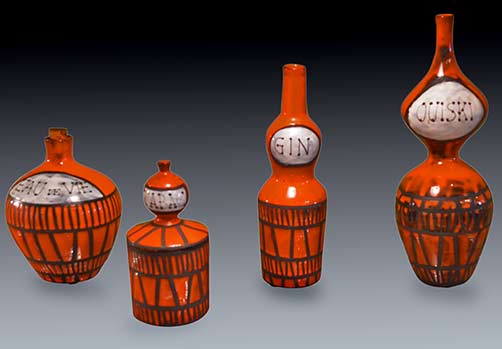 red-ceramic-bottle-set-Capron collection-rouge-by-roger-capron-gueridon-ny-1955