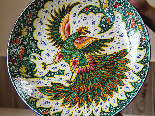 Colorful-Bird-of-Happiness-plate-make-handmade,-rishtan-masters-from-Uzbekistan--The-CeramicsUz-=- Colorful Bird of Happiness plate -- Uzbekistan