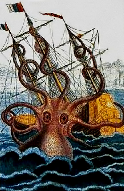 giant-kraken-ship-attack Colossal octopus by Pierre Denys de Montfort---19th-Century-drawing-depicting-a-ship-reportedly-attacked-by-a-kraken-off-the-coast-of-Angola--