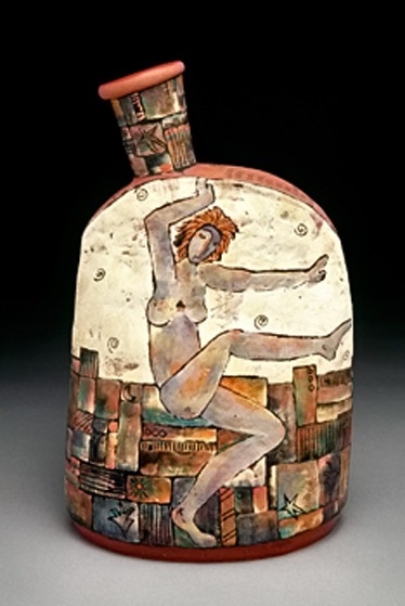 beth-tarkington-ceramic-bottle-374x559 Conversation-Starter Beth Tarkington asymetrical bottle with dancing nude girl decoration