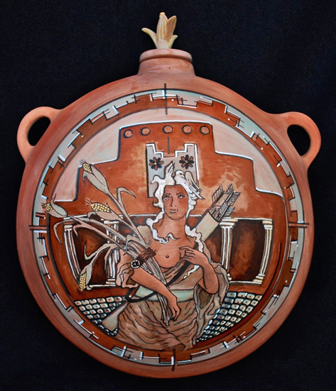 Corn-Maiden-canteen-by-Susan-Folwell,-Santa-Clara-Pueblo,-Native-clay,-10inch-diameter-(2014)