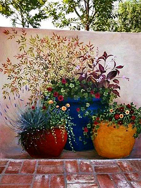 Courtyard-flower-pots pot plant mural combined with real pot plants