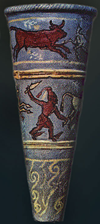 fritware-rhyton-crete Cretan-style-fritware-decorated-rhyton--with a man fighting a bull motif