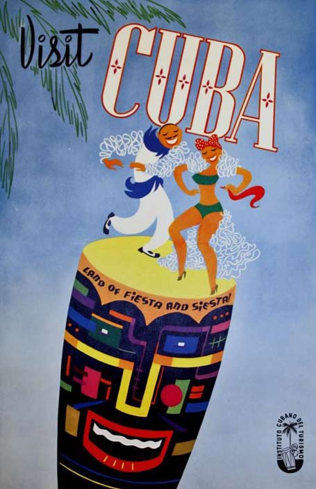 cuban-travel-poster cuba-travel-poster male and female Cubans dancing on a congo drum
