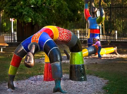 playground-sculptures- Dancers-in-Hradec-Kralove - playground dancer structures in mixed primary colours
