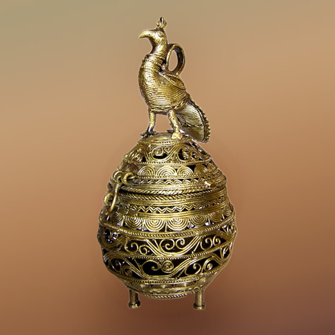 hokra-peacock-lid-vessel-475x475 Tri legged lidded Dhokra vessel with peacock lid