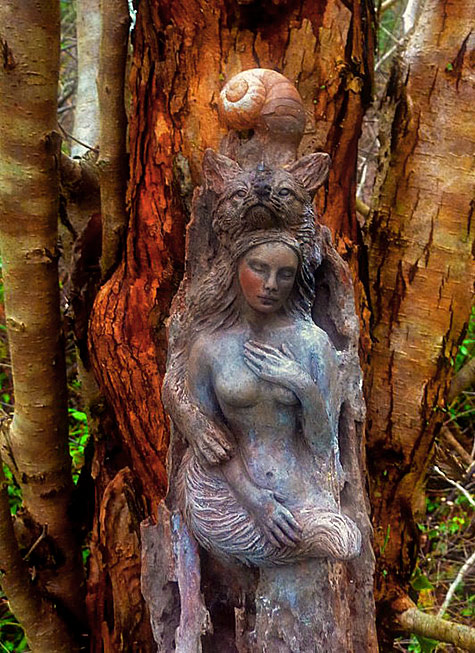 debra-bernier-wood-carving Forest Woman & Fox, Nature Is Kin, Driftwood Sculpture by Debra Bernier-UK