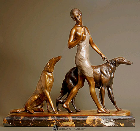 deco-chien-Lady-walking-dogs Lady walking two dogs Art Deco sculpture