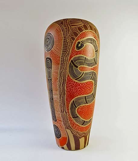 Derek-Jungarrayi-Thompson,-Ernabella-Ceramics,-SOLD-Wanampi-Tjukurpa---Watersnake-Story,-2015,-Stoneware,-H-80 Derek Jungarrayi Thompson,-Ernabella Ceramics - Watersnake Story