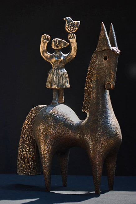 Dominique-Pouchain-mid-century-sculpture Dominique-Pouchain - bronze sculpture of a lady standing on the back of a horse