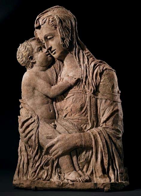 Donatello---(Donato-di-Niccolò-di-Betto-Bardi)-Italian--15th-century-c Donatello - Madonna and child sculpture