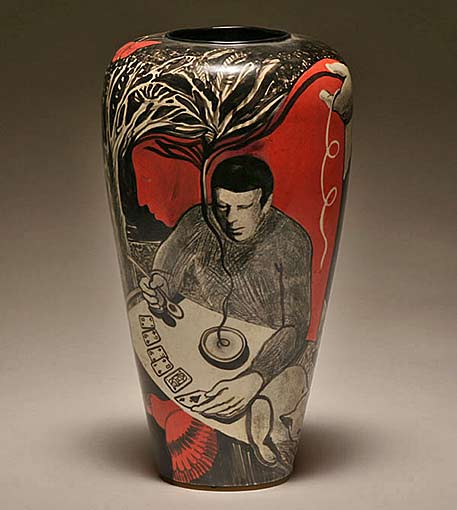 Doris-Vlasek-Hails,-(American,-1938-2004),-Solitaire-surrealist-studio-pottery-vase Doris-Vlasek-Hails,-Solitaire-surrealist-vase of a man playing cards