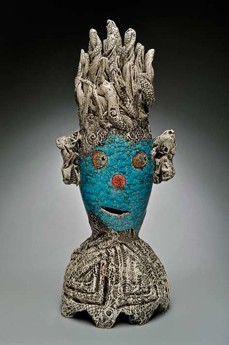 Andy-Nassisse-ceramic sculpture Dos-Ojos,-ceramic,-9x9x23-inches-Andy-Nassisse - whimsical ceramic bust