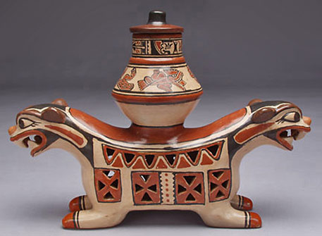 Double-headed-incense-pot-C-grijalba Double Headed Incense Pot. Design Elements: Jaguar, plumed serpent. Chorotega.ceramic vessel -San Vicente on the Nicoya Peninsula in Costa Rica