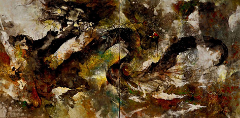 chinese-artist-zhou-xiaoping-473x234 Dragon-2012 Zhou Xiaoping painting of a dragon in flight