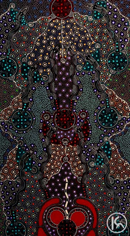 Dreamtime-Sisters-(09051600),-Colleen-Wallace-Nungari--Arboriginal-Art Dreamtime-Sisters--Colleen-Wallace-Nungari aboriginal dot painting
