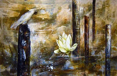 chinese-artist-zhou-xiaoping-475x309 Zhou Xiaoping painting of a cockatoo ,white water lily and Aboriginal totems