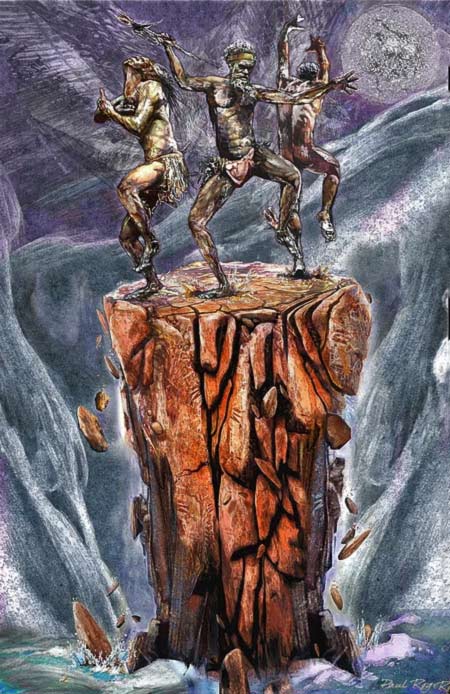 Earthbow---Paul-Roget-painting Earthbow---Paul-Roget - painting of 3 aboriginal men dancing on a rock