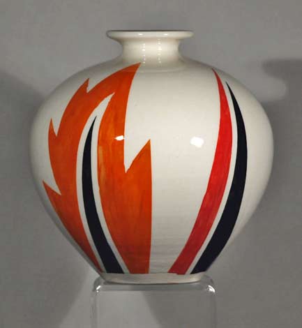 Jazz-Age-vase-Echo-of-Deco Echo-of-Deco-Art-Deco-Inspired-Hand-Thrown-&-Hand-Painted-Abstract-Design-baluster-Vase in orange, balck and white