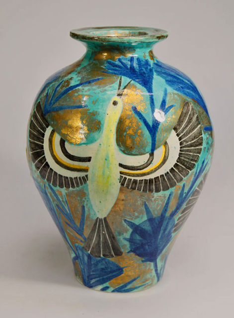 Edouard-Cazaux-hand-painted-vase Edouard-Cazaux,-La-Varenne-Saint-Hilaire-50,s - large bird motif