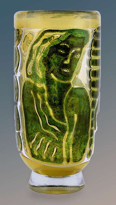 Edvin-Öhrström-(1906-1994),-Orrefors,-'Ariel'-Glass-Vase Edvin Öhrström (1906-1994), Orrefors, 'Ariel' Glass Vase modernist Green female motif