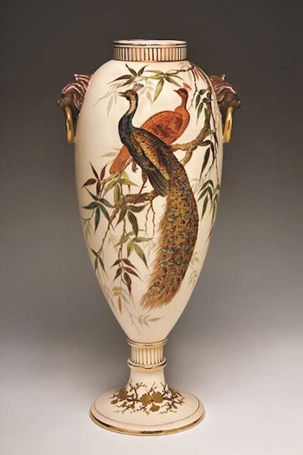 edward-lycett-peacock-vase edward-lycett-vase-1886-90 footed vase with peacock motif and lion head handles