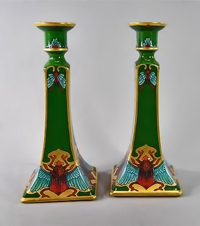limoges-candlesticks-Egyptian-revival Egyptian Revival pair of Limoges candlesticks, winged scarab decoration., green with gold edges