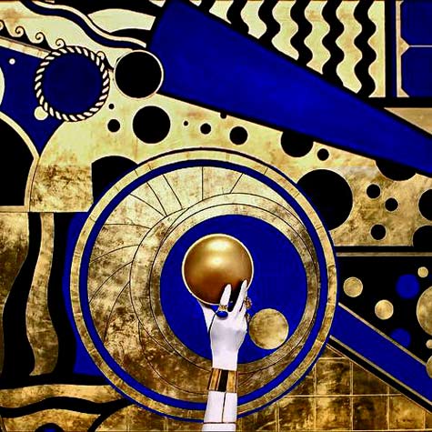 Lina-Viktor-afro-futurist-art Elemental-as-a-Circle-or-a-Dot--Lina-Viktor Geometrical art in gold, black and blue