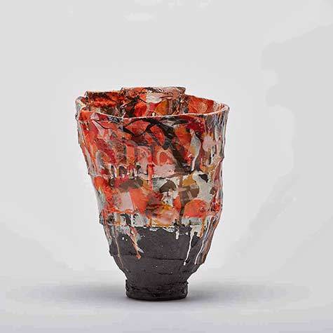 elke-sada-ceramics drip glaze footed vase in red, brown and white