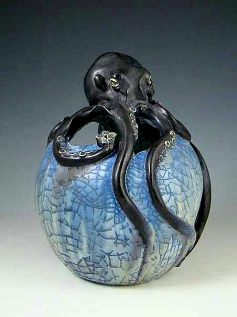 octopus-on sphere Ephraim-Faience-Pottery Wisconsin USA - ceramic octopus sculpture