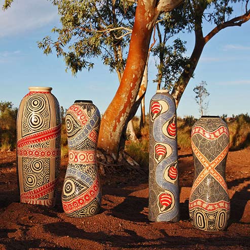 Ernabella-Ceramics,-Ernabella-Womens-Grouping,-2016,-Stoneware-with-sgraffito-Sabbia-Gallery Ernabella Ceramics ,Ernabella Womens Grouping,-2016