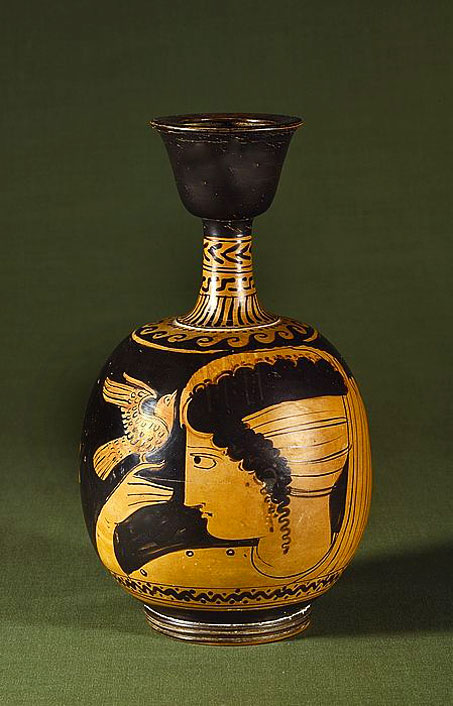 Etruscan-lekythos Etruscan-lekythos-,-c350BC with female head motif and bird