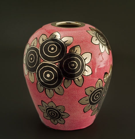 jazz-age-deco-vase-Alfred-Roullet-Renoleau Alfred-Roullet-Renoleau pink, gold and black jazz age vase
