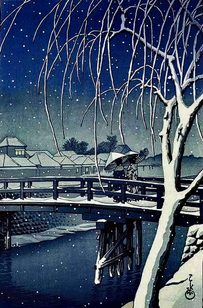 Evening-Snow-at-Edo-River-by-Hasui-Kawase Evening-Snow-at-Edo-River’-1932-woodblock-print-by-Hasui-Kawase-by-Plum-leaves-on-Flickr