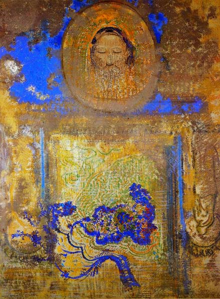 Odilon_Redon-painting Evocation_Odilon_Redon painting in gold and blues