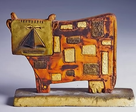 fantoni-modernist-cow-473x390 whimsical-cow-figure-decorated-with-geometric-shapes-in-polychrome-glazes.-Signed--Fantoni-Italy--Ragoarts