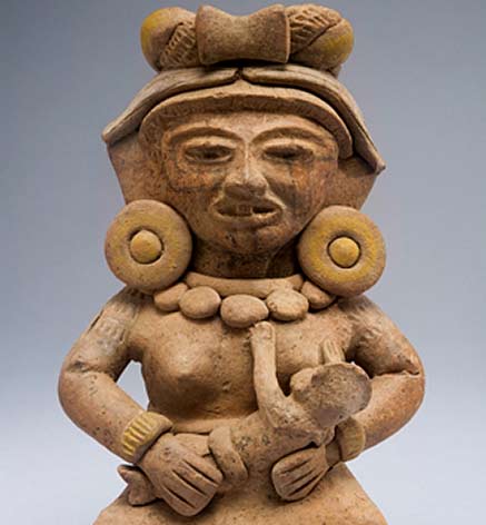 Female-figure-nursing-an-infant,-Central-Highlands,-Mexico, Female figure nursing an infant, terracotta clay figure sculpture
