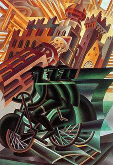 fortunato-depero-futurist-painter Fortunato Depero-(1892-1960)-–-Le cycliste traverse la ville-(1945) futurist painting of cyclists