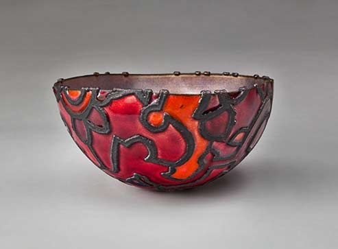 Fortuny-Bowl-(spun and hammered copper with electroformed design, light purple enamel interior, red and orange enamel exterior1981-June-Schwarcz Fortuny-Bowl-(spun and hammered copper with electroformed design, light purple enamel interior, red and orange enamel exterior1981-June-Schwarcz