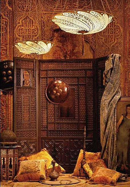 Fortuny-by-Venetia-Studium-is-reknowned-for-its-fine-detail-and-old-world-craftsmanship Scudo Saraceno silk chandeliers and Islamic calligraphy motif doorway