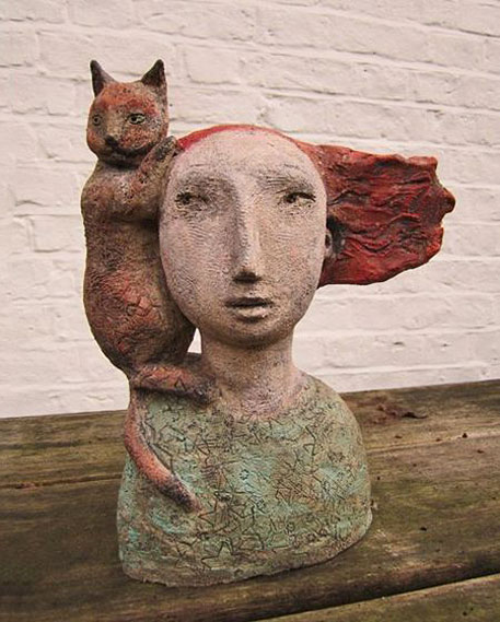 Frances-Baruch-sculpture-bust Frances-Baruch - textured ceramic bust of a red haired woman with a cat on her shoulder