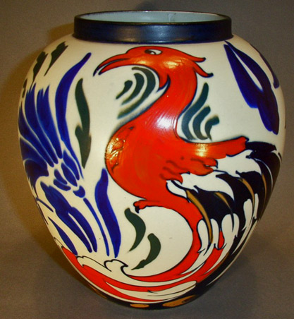 Frederick-Rhead-Phoenix-vase Frederick Rhead Art Deco red Phoenix-ovoid vase-for-Wardle,-c 1929