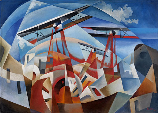 Futurist-Tullio-Crali-1932-Bombardamento-Aero futurism-Tullio-Crali-1932-Bombardamento-Aero - bi planes on a bombing raid