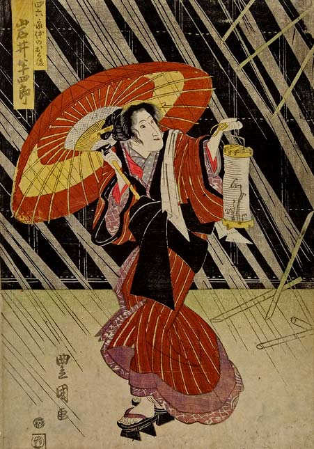 Utagawa-Toyokuni-I-woodblock-print Geisha-girl-in-red ku-ma-Iwai-half-Shiro---Utagawa-Toyokuni-I