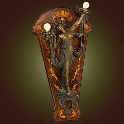 Georges-Flamand-French-Art-Nouveau-sconce Georges-Flamand-French-Art-Novueau-Bronze-two-light-Sconce-on-Marquetry-Easel-Macklowe-GalleryNY