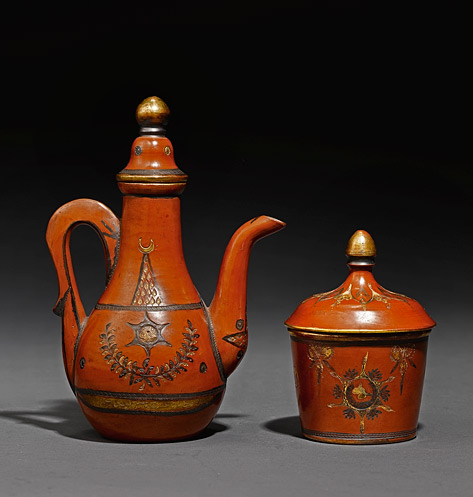 Turkish-coffee-pot-Sothebys gilt-decorated-Tophane-pottery-coffee-pot-and-covered-bowl,-Turkey,-19th-Century---Sotheby's