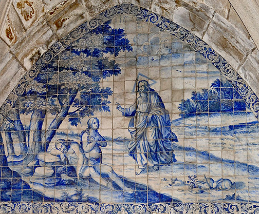 Coimbras-Chapel-azulejos God, Adam and Eve in Azulejos-in-Coimbras-Chapel, Braga Portugal