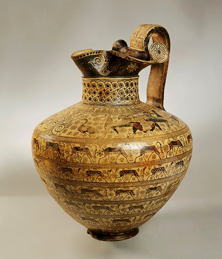 oenochoe-vessel-greek-437x511 Greek civilization, 7th centuryB.C.-Geometric style pottery.-Oenochoe decorated with figures of goats, fallow deer and ibex.-From Rhodes,-Greece