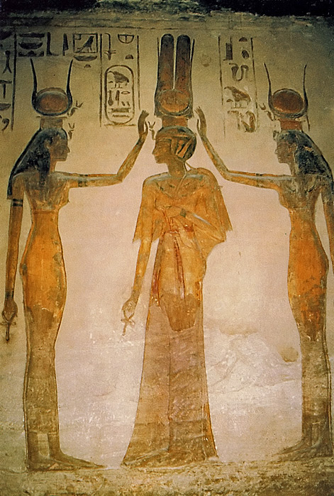 isi-and-hathor-blessing-queen-471x699 guenther-eichhorn-com-Painting-inside the Queens Temple of Abu Simbel of the Goddesse -Isis-(right) and Hathor-(left) blessing-the Queen